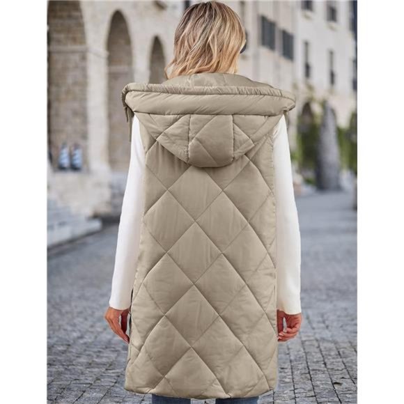 Women's Sleeveless Quilted Long Puffer Vest Hooded Full Zip Jacket Coat - Picture 5 of 7